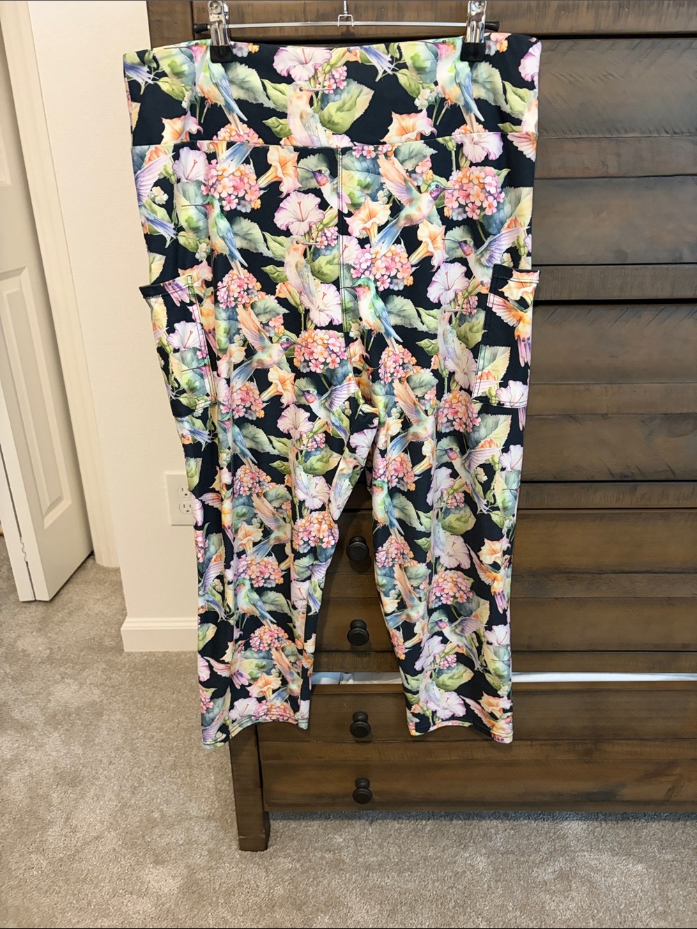 B C F Stretchy Floral Capri Leggings in Black with Pastel Blooms & Hummingbirds